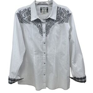 Panhandle Rough Stock Women's Shirt XXL Western Pearl Snap Blue Embroidery Cuff